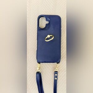 NWOT Dark Navy Leather iPhone 16 Carrying Case & strap for CC’s & DL slots